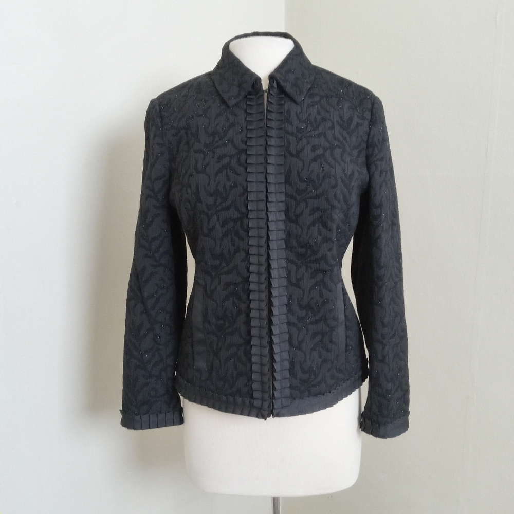 Cold Water Creek Embroidered Ruffle Front Black Fitted Jacket Size Petite Small